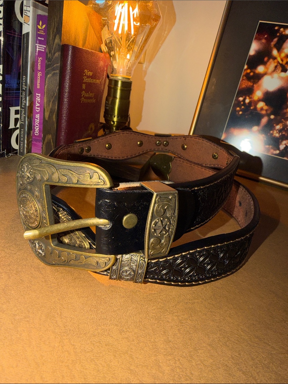 NWOT West Star Texas Western Brown Leather Belt with Ornate Antique Brass Buckle